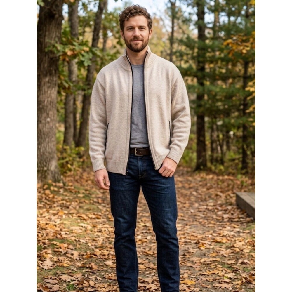 Yeokou Men's Zip-Front Lightweight Cardigan Sweater - Cream  xl